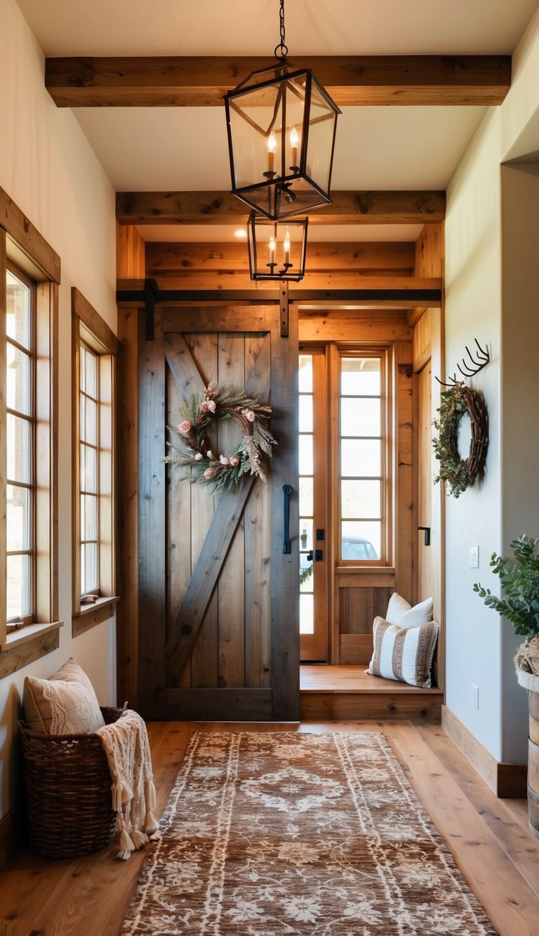 A rustic farmhouse entryway with a barn door feature, wooden stairs, warm lighting, and cozy decor