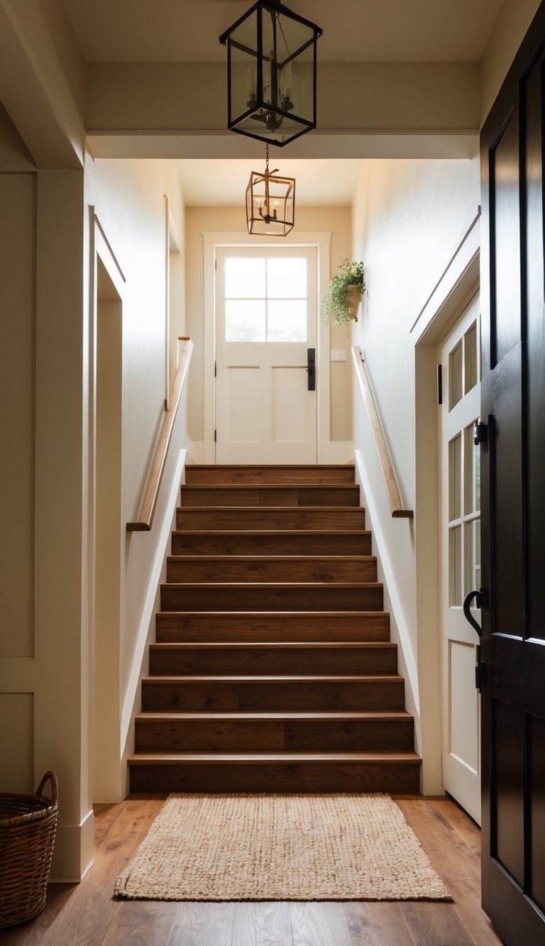 A cozy farmhouse entryway with soft, warm lighting and a staircase leading up, creating a welcoming and inviting atmosphere