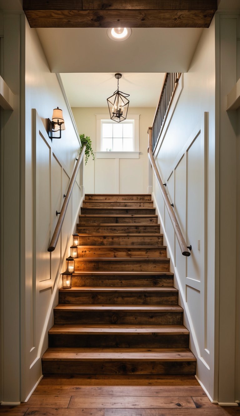 A farmhouse entryway with distressed wood accents, warm lighting, and stairs leading up, creating a cozy and inviting atmosphere
