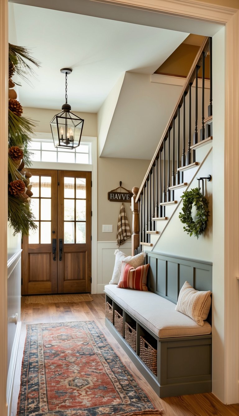 A cozy farmhouse entryway with a built-in storage bench nestled beneath a staircase, adorned with warm and inviting decor