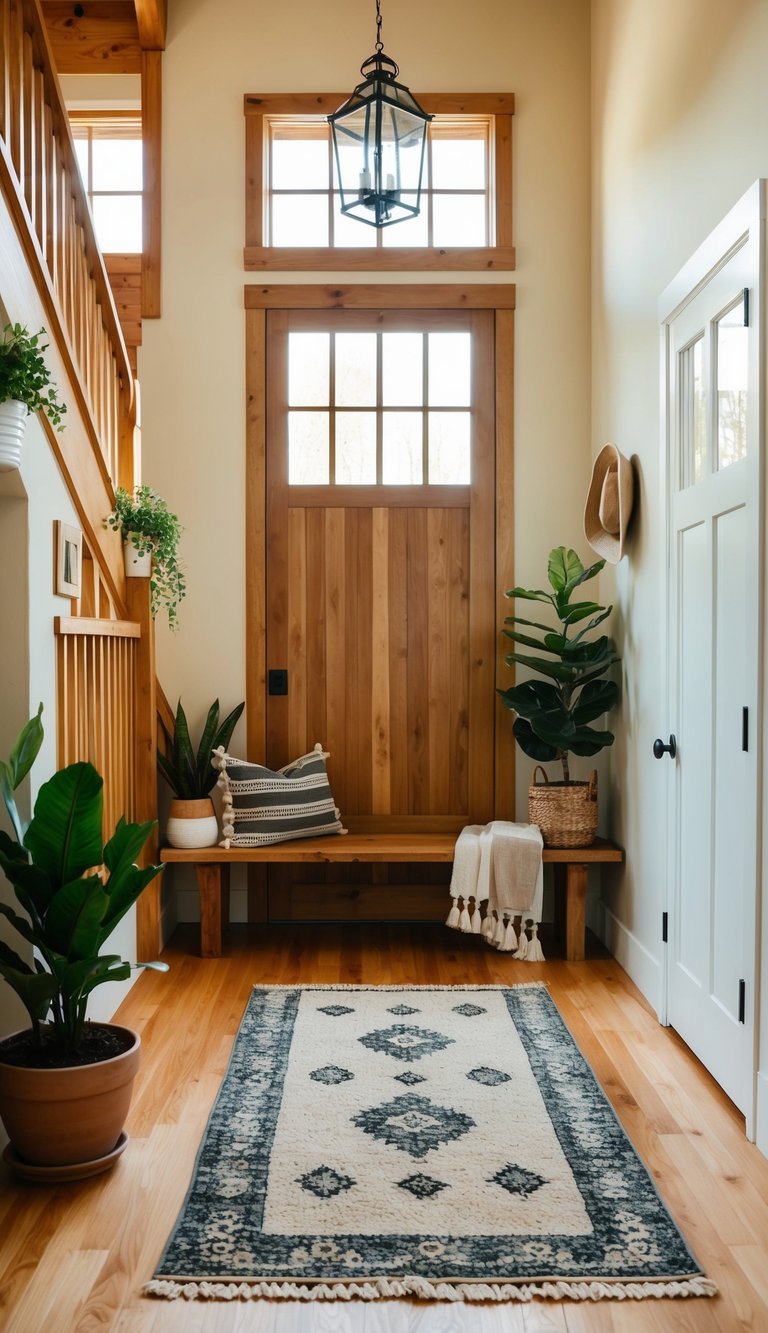 A warm farmhouse entryway with wooden stairs, a rustic bench, and a cozy rug. A large window lets in natural light, and potted plants add a touch of greenery