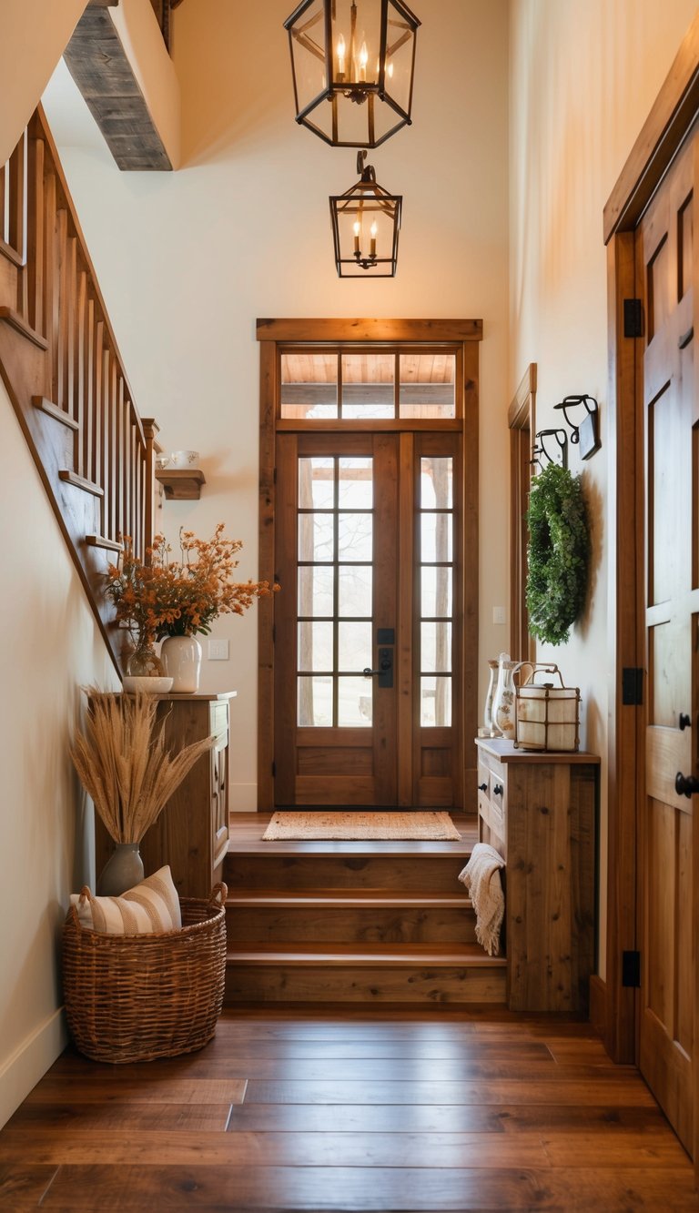 A cozy farmhouse entryway with wooden stairs, warm lighting, and rustic decor