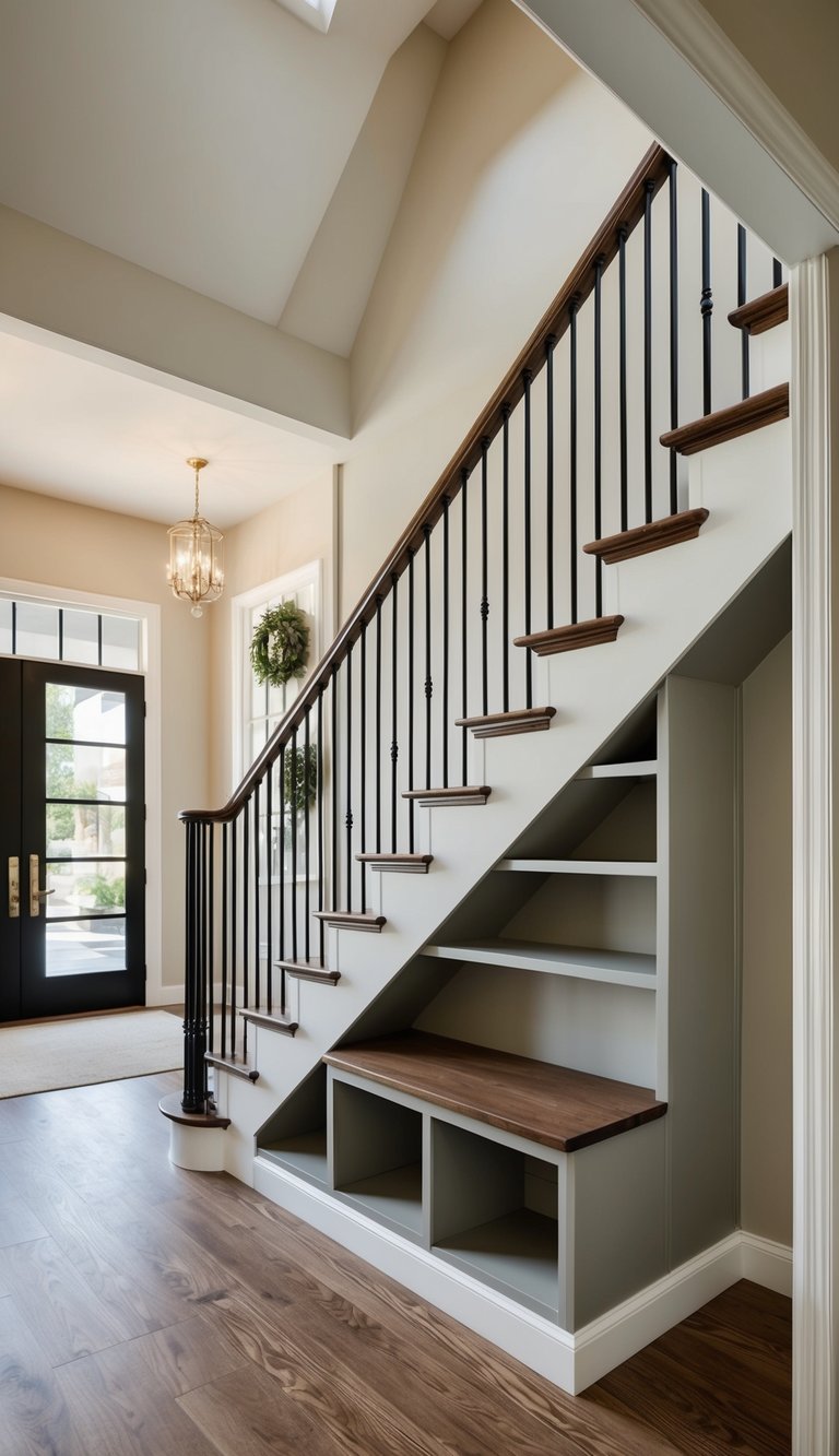 A staircase with built-in shelving units seamlessly integrated into the design, creating a clutter-free and organized entryway space