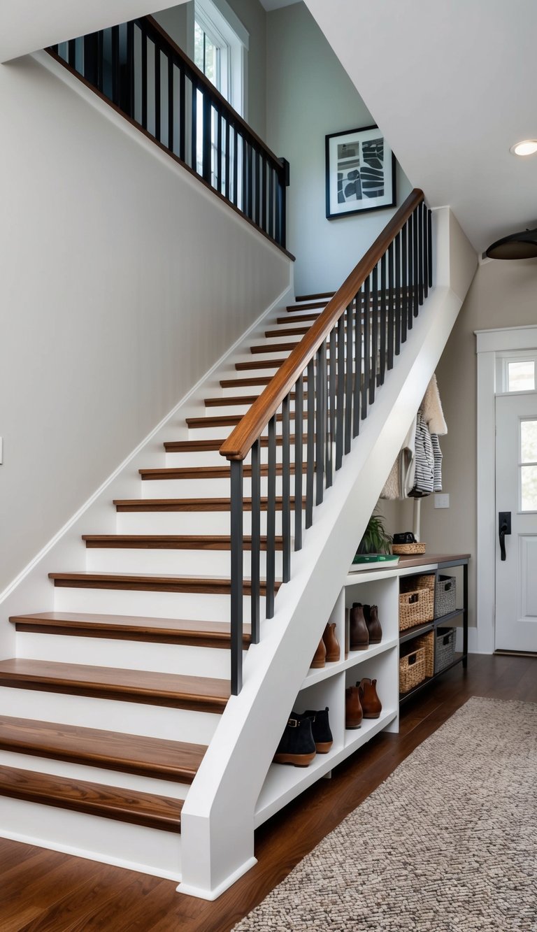 A staircase with a built-in shoe rack hidden underneath, surrounded by a clutter-free entryway with stylish storage solutions
