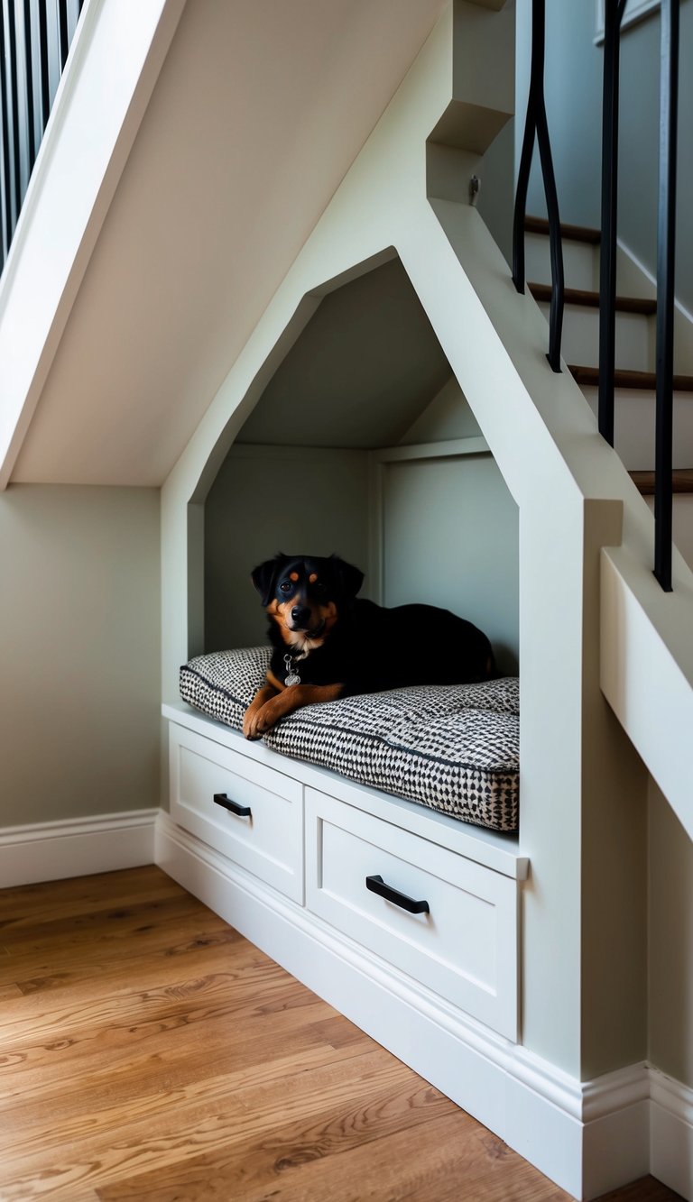 A cozy pet nook under the stairs, featuring built-in storage for a clutter-free look