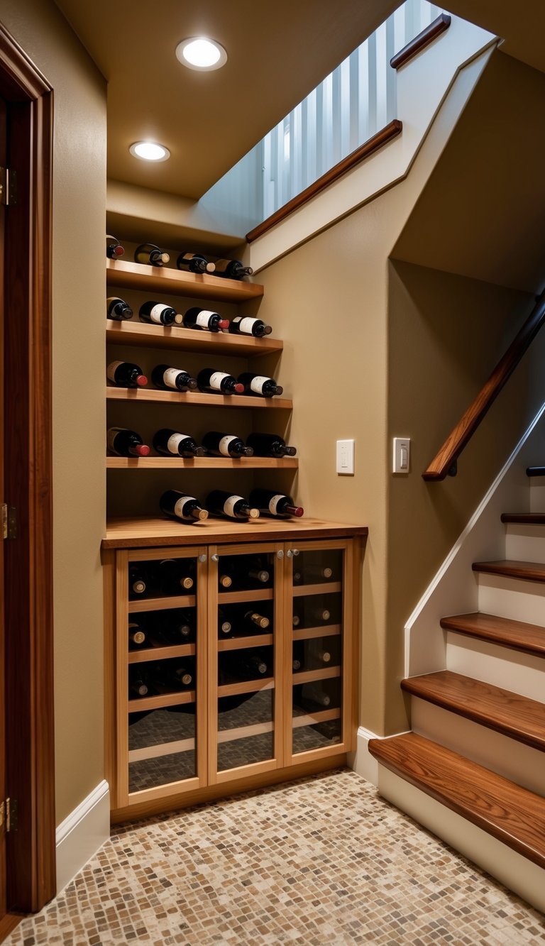 A cozy wine cellar tucked beneath a staircase, with built-in storage for a clutter-free entryway