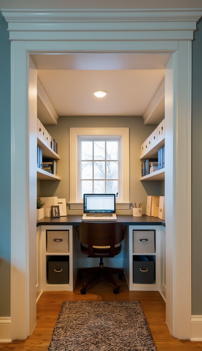 A cozy home office nook under the stairs, with built-in storage for a clutter-free look