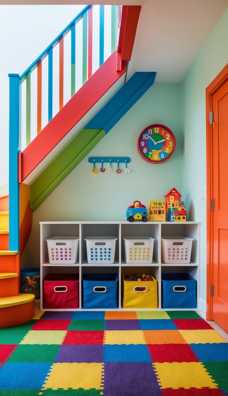 A colorful kids' play area with built-in storage under the stairs, featuring shelves, bins, and hooks for a clutter-free look