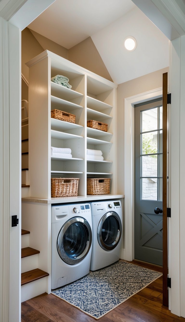 A laundry station with shelves is integrated into the entryway stairs, providing convenient storage for a clutter-free look