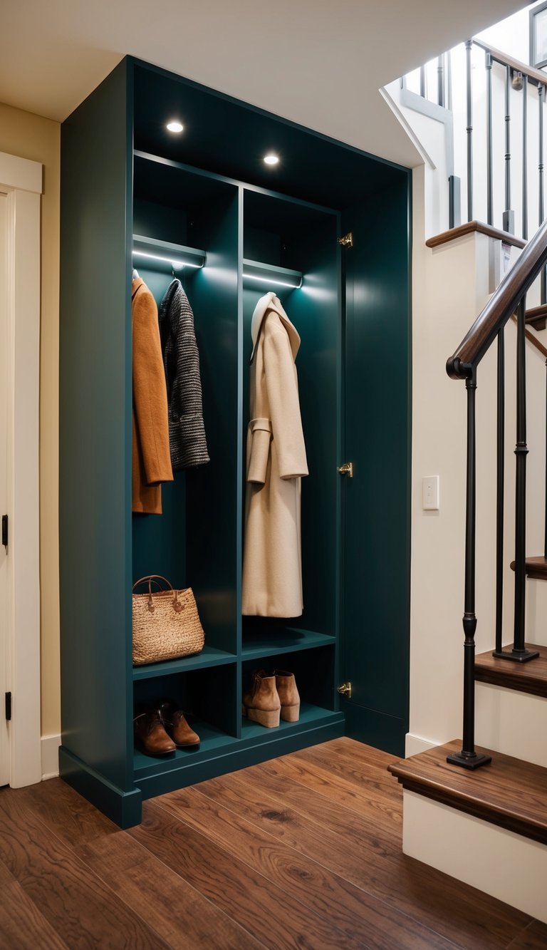 A compact coat closet with built-in storage under a staircase