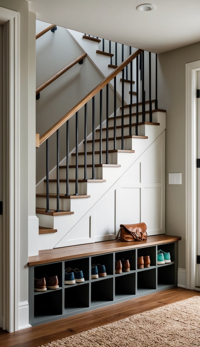 A mudroom with cubbies under the stairs, neatly storing shoes and other items for a clutter-free entryway