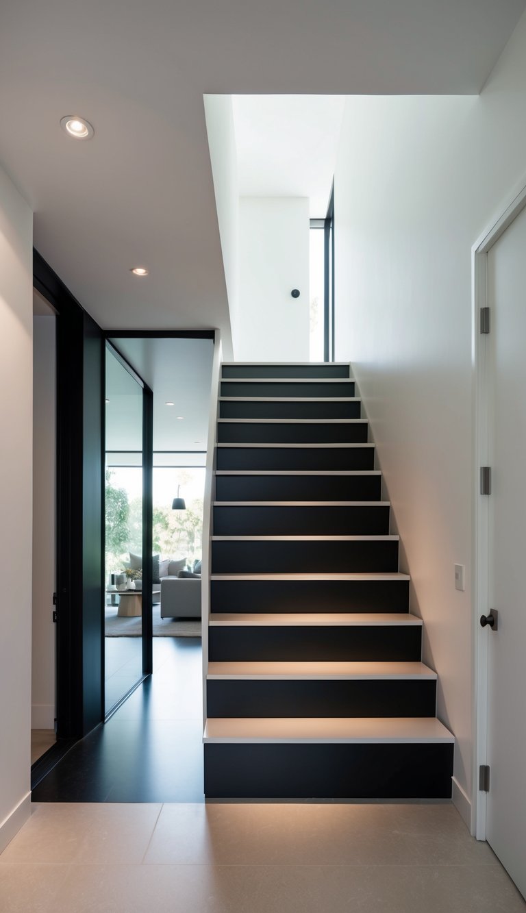 A modern entryway with sleek, built-in storage stairs leading up to a clean and clutter-free space