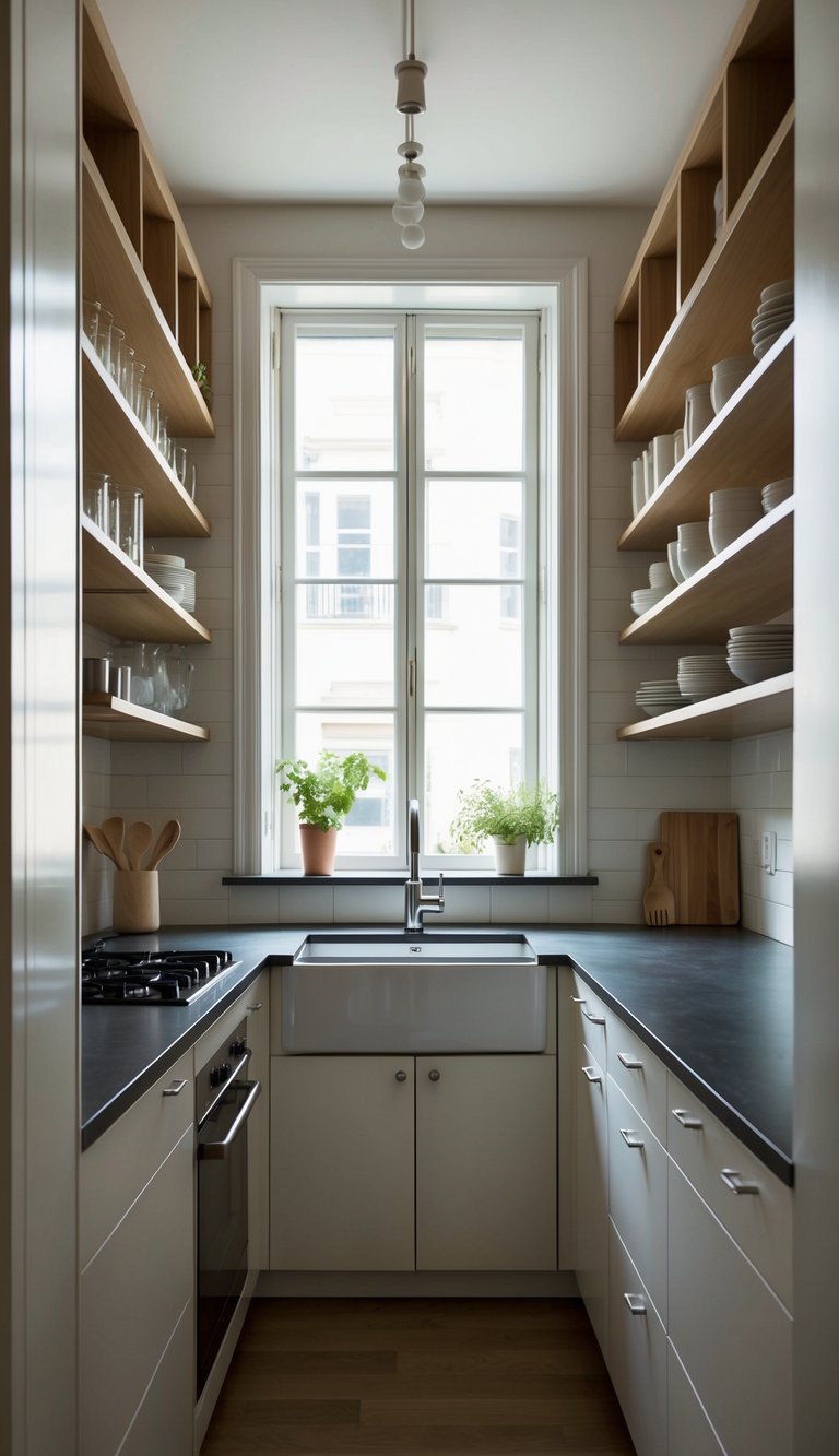 A narrow galley kitchen with open shelving, maximizing space. Light streams in through a window, illuminating the organized, minimalist design