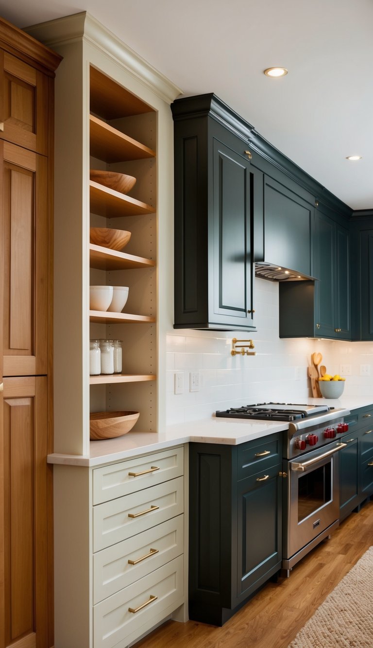Open shelving installed next to traditional cabinetry in a galley kitchen, maximizing space and creating a modern, open feel