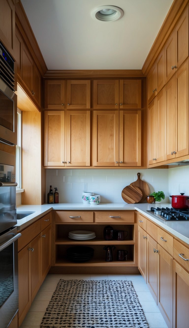 Cabinets raised to ceiling, floating shelf below in galley kitchen