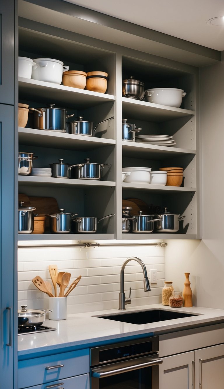 Open shelving above a galley kitchen countertop, displaying neatly organized kitchenware and cookware for easy access and to maximize space