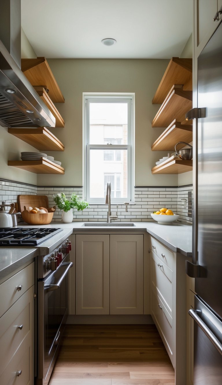 A galley kitchen with carousel shelves in corner spaces, open shelving maximizing space