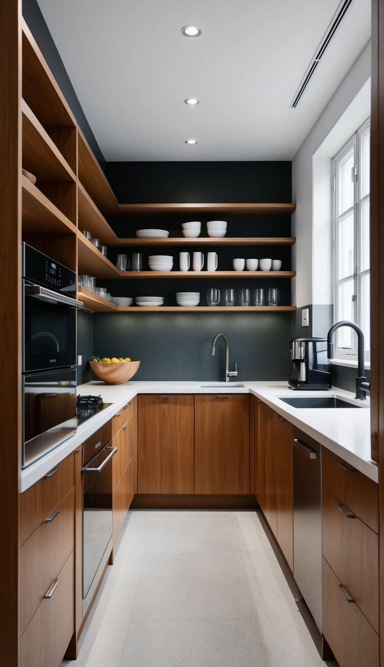 A galley kitchen with open shelving, featuring slim, space-saving appliances and maximizing space