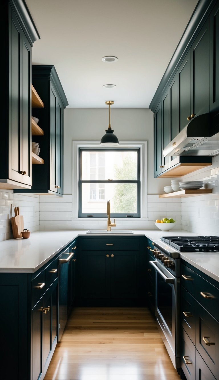 The galley kitchen features alternating upper cabinets and open shelving, maximizing space and creating a modern, airy feel