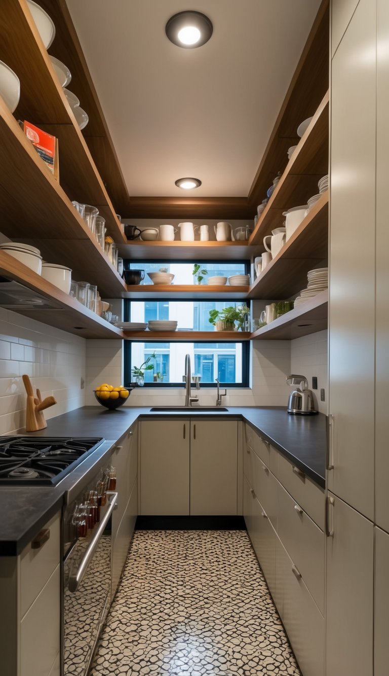 A galley kitchen with open shelving extending from floor to ceiling, maximizing space