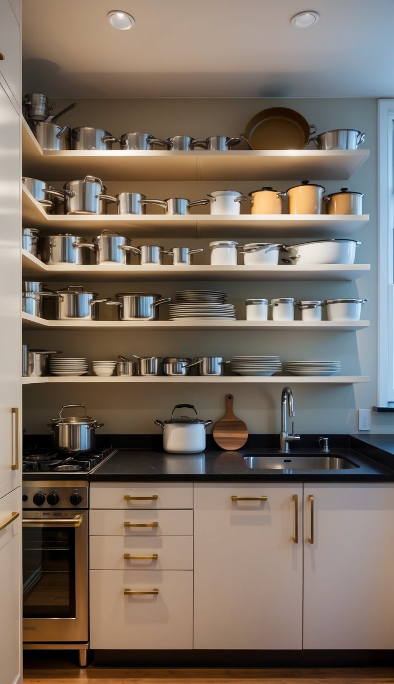 A galley kitchen with open shelving, showcasing organized pots, pans, and dishes to maximize space and create a visually appealing and functional design