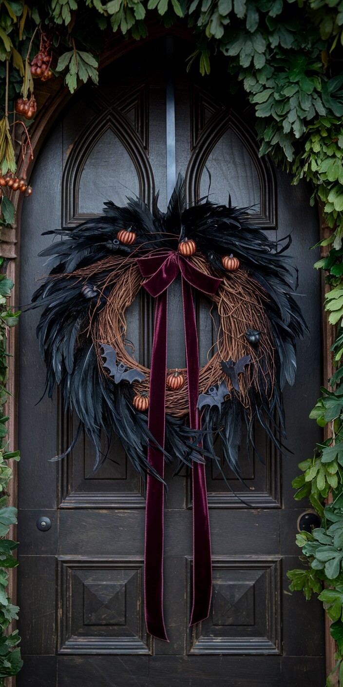 A dark, gothic-style wreath with feathers, bats, and small pumpkins adorns an arched wooden door, enveloped by lush greenery.
