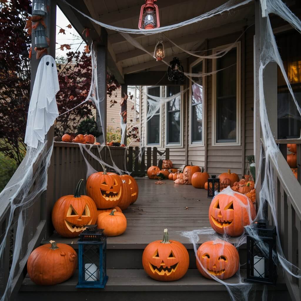 A porch decorated for Halloween features carved pumpkins, lanterns, and ghost decorations, with cobwebs draped around. No recognizable landmarks or historical buildings.