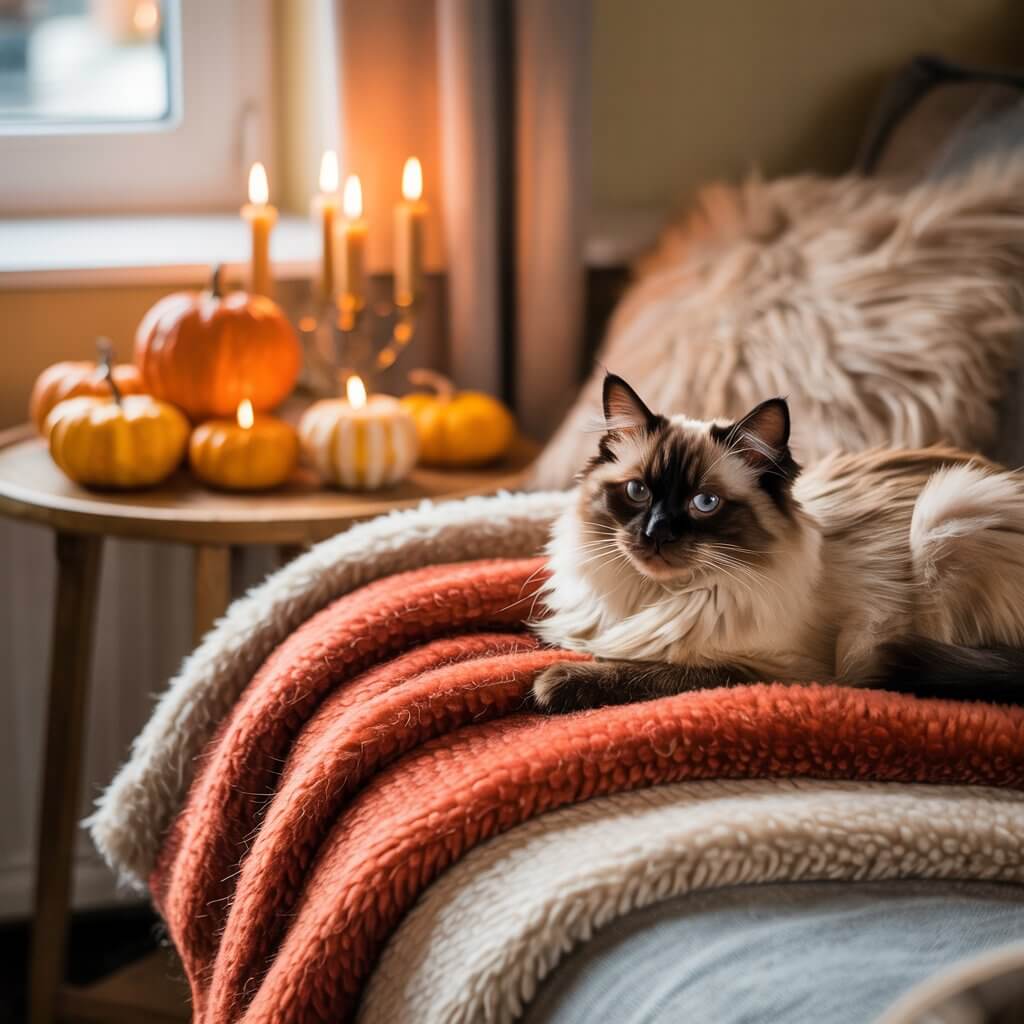 A fluffy cat relaxes on layered blankets. Nearby, candles and pumpkins create a cozy autumn atmosphere. Soft lighting from a nearby window.