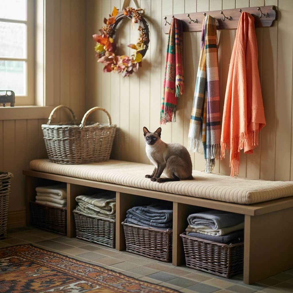 A cozy entryway features a Siamese cat on a cushioned bench, surrounded by baskets, hanging scarves, and an autumn wreath.