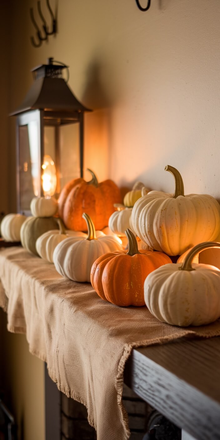 A rustic mantel decorated with various orange and white pumpkins, a glowing lantern, and a beige cloth creates a cozy autumn atmosphere.