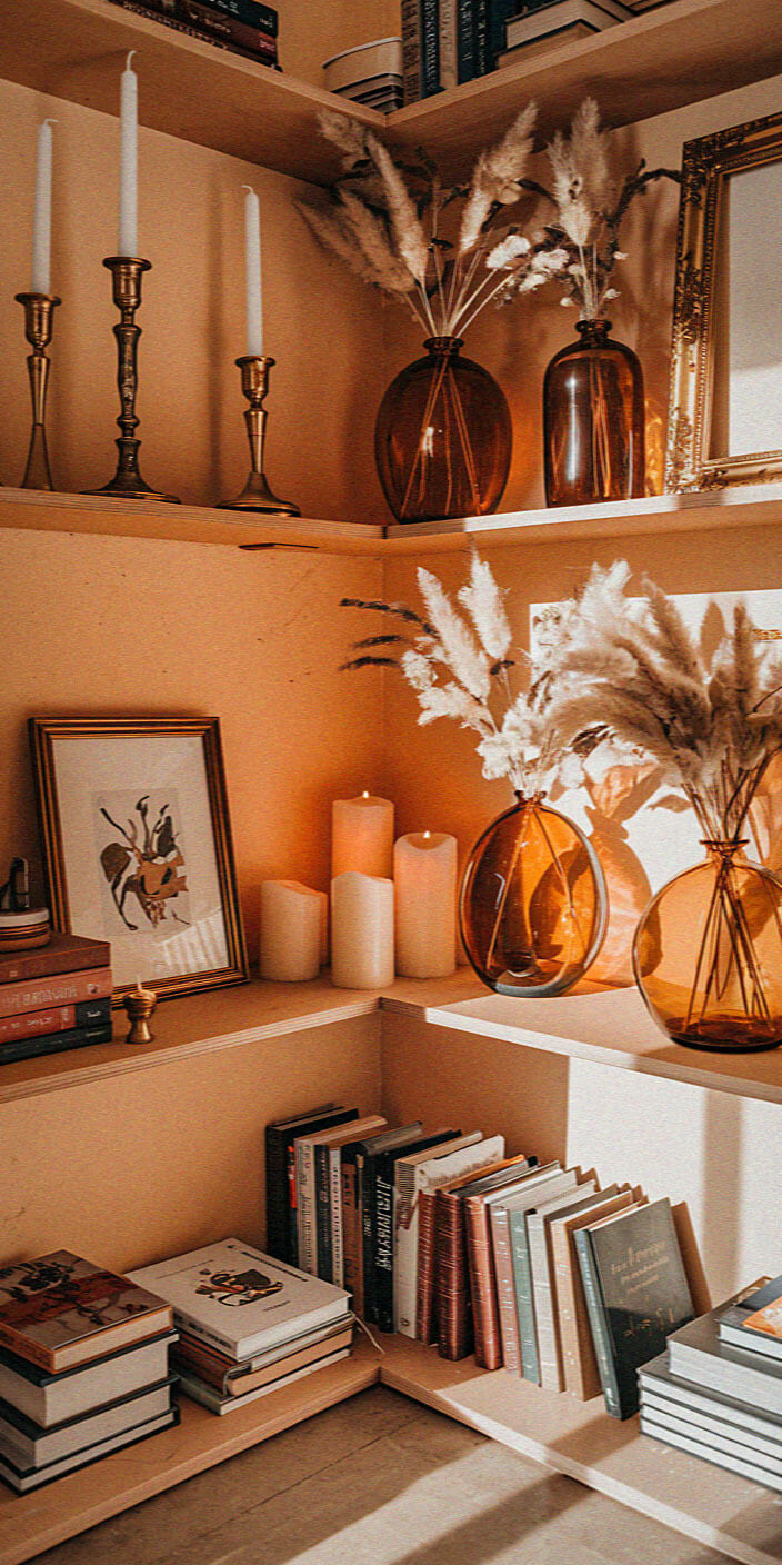 Cozy bookshelf with books, candles, and framed art. Pampas grass in vases adds a warm, decorative touch, creating an inviting atmosphere.