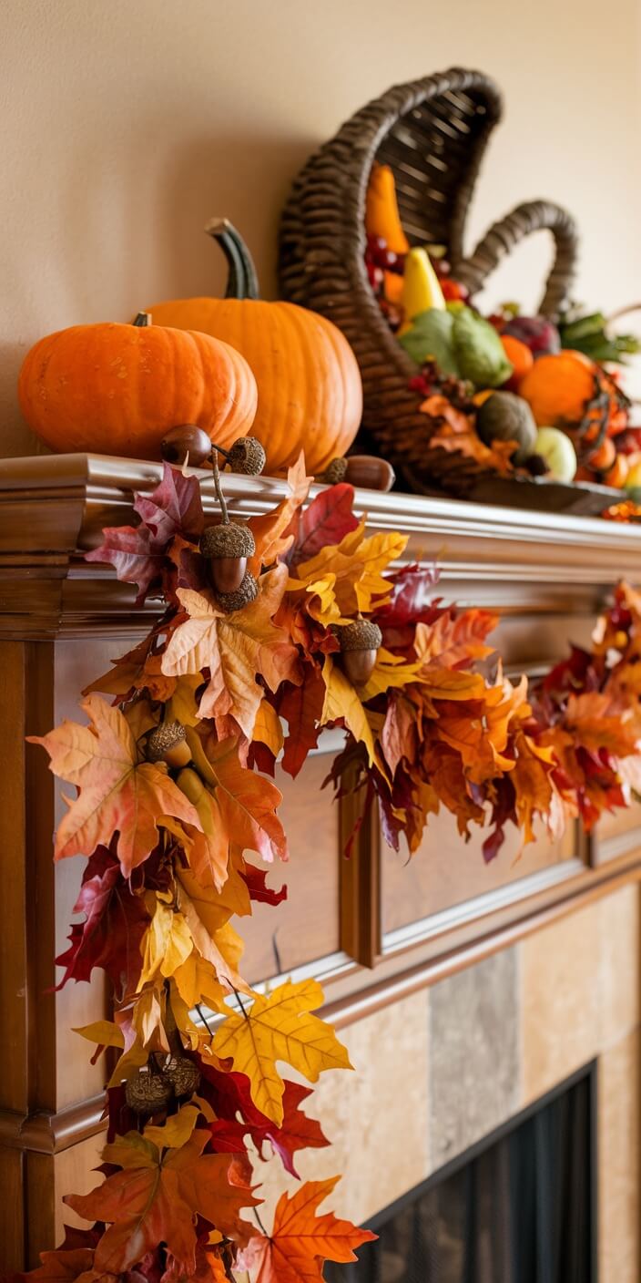 A decorated fireplace features pumpkins, a cornucopia, and vibrant autumn leaves, creating a cozy, festive fall atmosphere indoors.