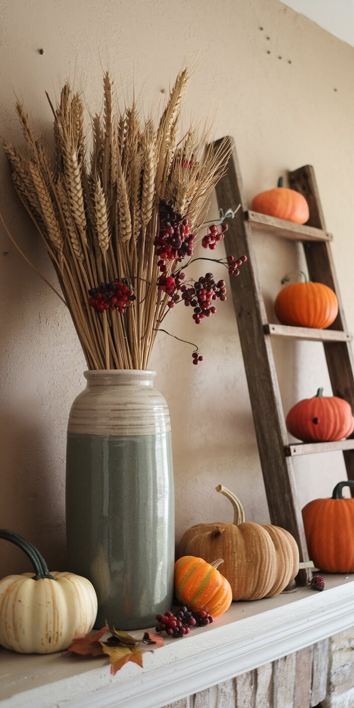 Rustic autumn arrangement with pumpkins, wheat, and red berries in a vase beside a ladder, creating a cozy seasonal display on a mantle.