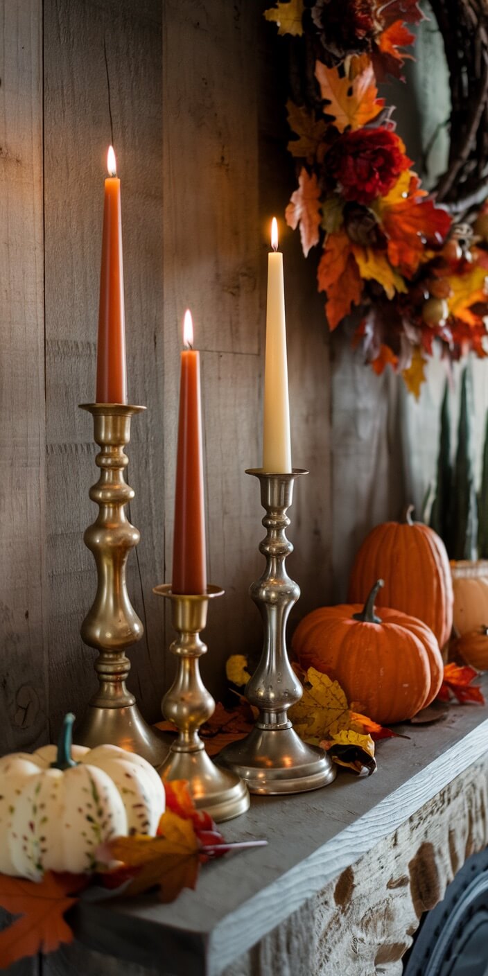 Elegant autumn mantel display featuring lit candles, pumpkins, and a vibrant leaf wreath on rustic wooden background, creating a cozy, festive ambiance.