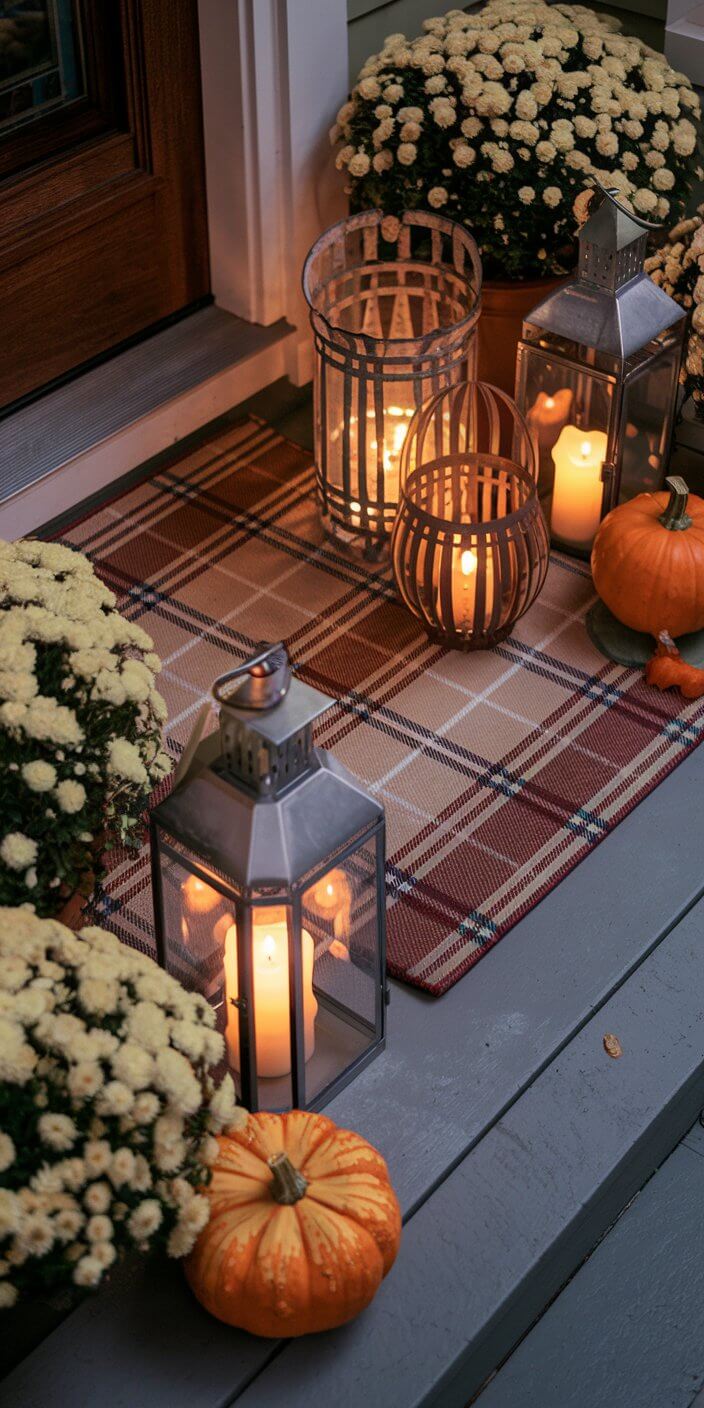 An autumn-themed porch with pumpkins, chrysanthemums, and lanterns casting warm candlelight on a checkered mat, creating a cozy, inviting atmosphere.