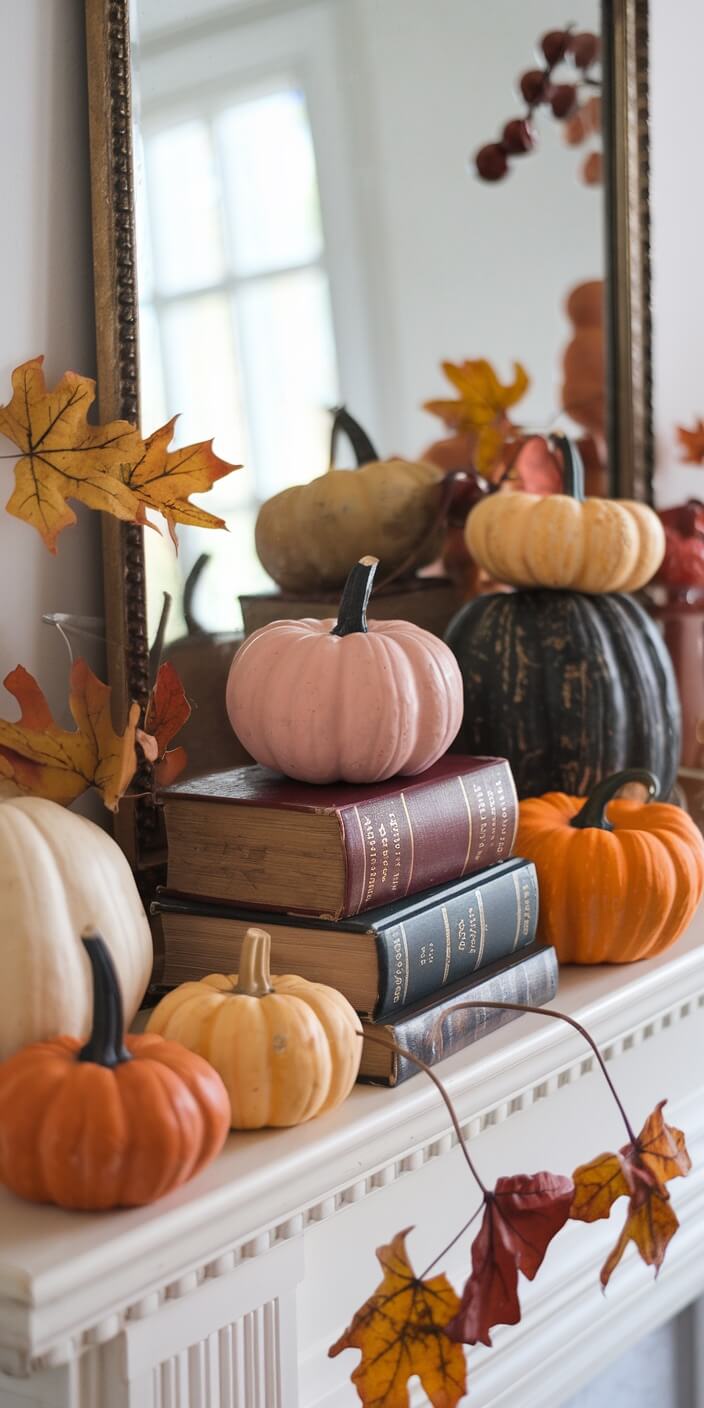 A cozy autumn mantel display featuring small pumpkins, colorful leaves, and stacked vintage books, reflecting a warm seasonal ambiance with a mirror backdrop.