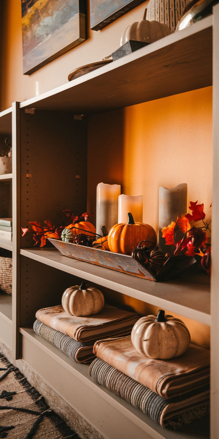 A cozy shelf decorated with candles, pumpkins, fall leaves, and neatly folded blankets, creating a warm autumn ambiance beneath framed artworks.