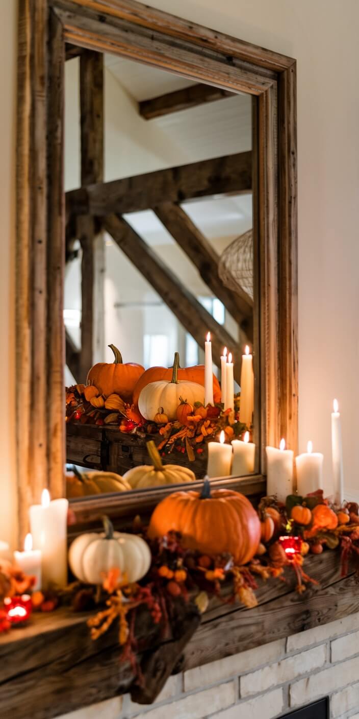 A rustic mantel with candles and pumpkins reflects in a wooden framed mirror, creating a cozy, autumnal atmosphere indoors.