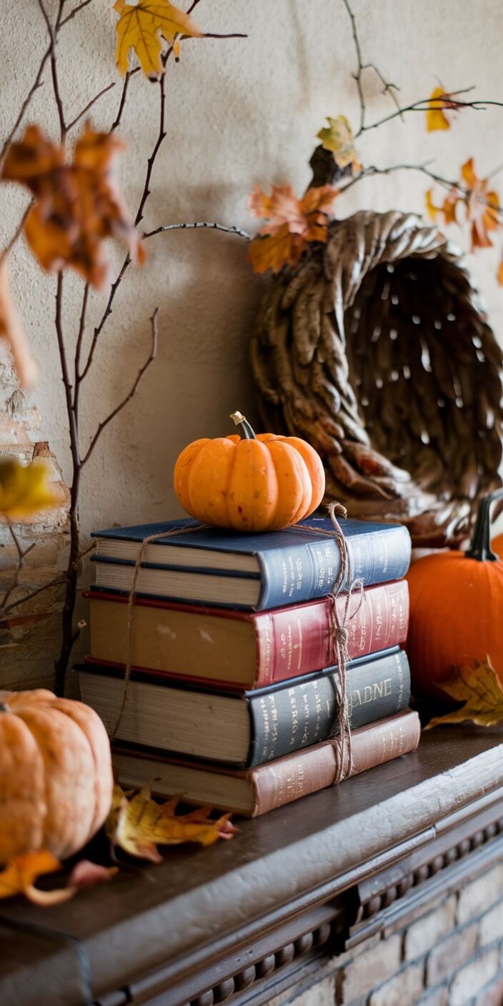 Stack of books with pumpkins and autumn leaves on a mantel. Cozy, rustic decor evokes a warm, seasonal atmosphere.