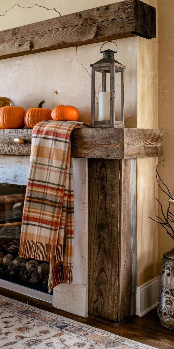 Rustic fireplace with wooden mantel features pumpkins, plaid scarf, and lantern. Cozy autumn decor creates a warm, inviting atmosphere.