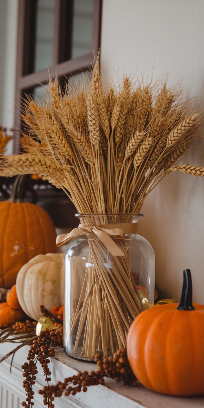 A glass jar filled with wheat stalks sits on a shelf, adorned with pumpkins and autumn decorations, evoking a cozy fall atmosphere.