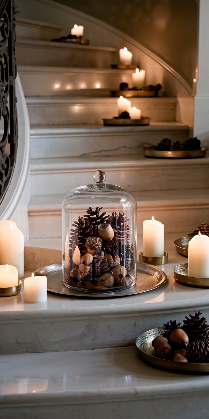 Candles line marble stairs, adorned with pinecones and nuts under glass, creating a warm, cozy ambiance. Vintage decor enhances the elegant setting.