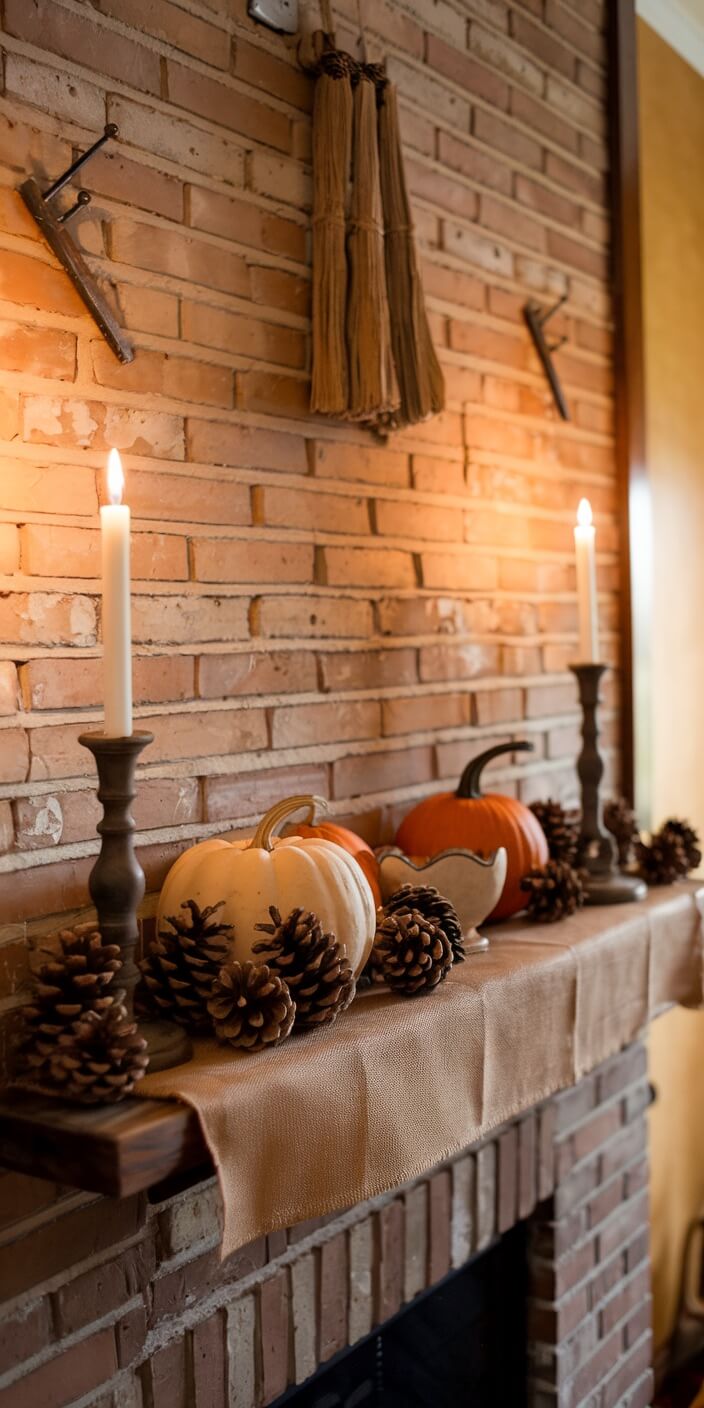 A cozy fireplace mantel adorned with lit candles, pumpkins, and pinecones against a brick wall, creating a warm autumn atmosphere.