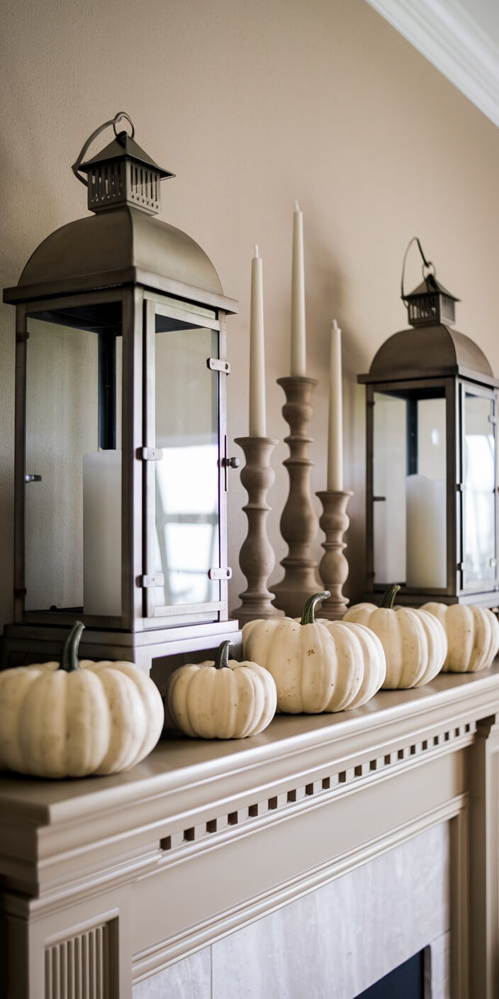 A mantel decorated with white pumpkins, lanterns, and tall candles, creating an elegant and cozy autumn atmosphere indoors.