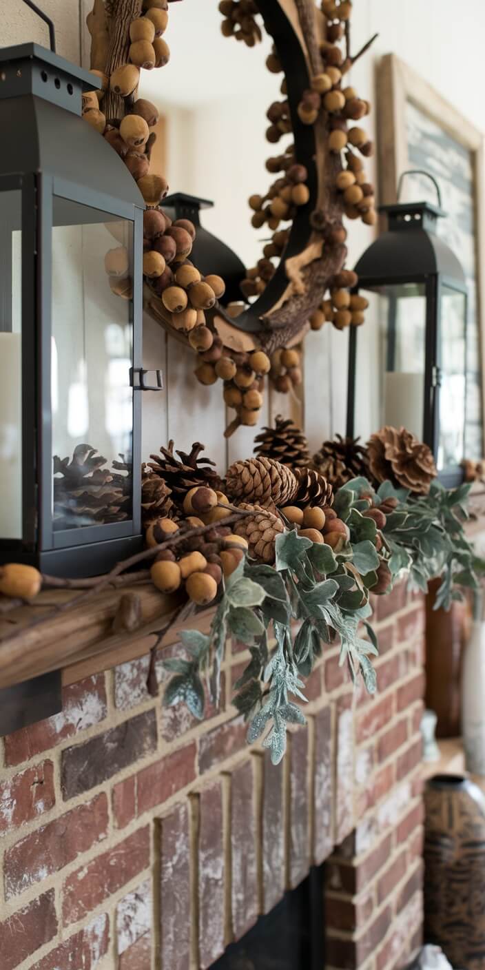 A rustic fireplace mantel adorned with pinecones, greenery, lanterns, and a decorative mirror, creating a cozy and inviting autumn atmosphere.