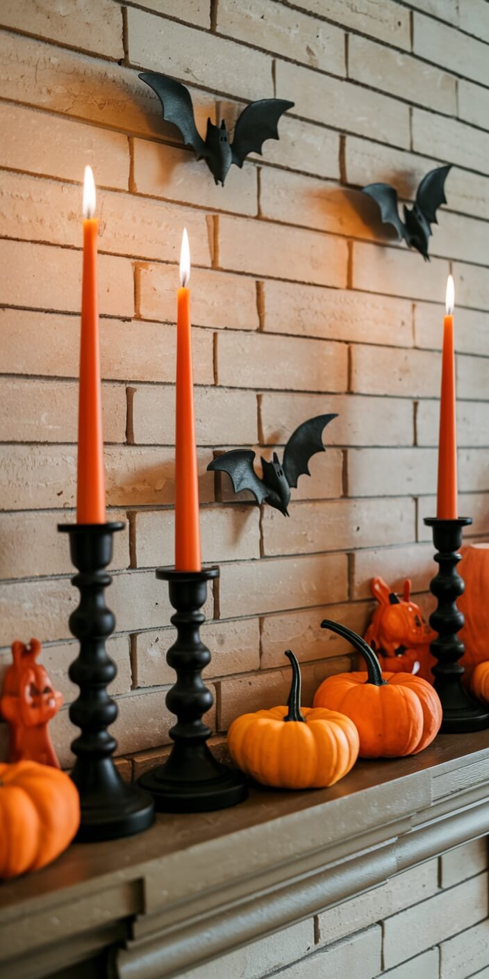 Candles and small pumpkins decorate a brick mantle, with bat decorations hanging above, creating a cozy, festive Halloween atmosphere.