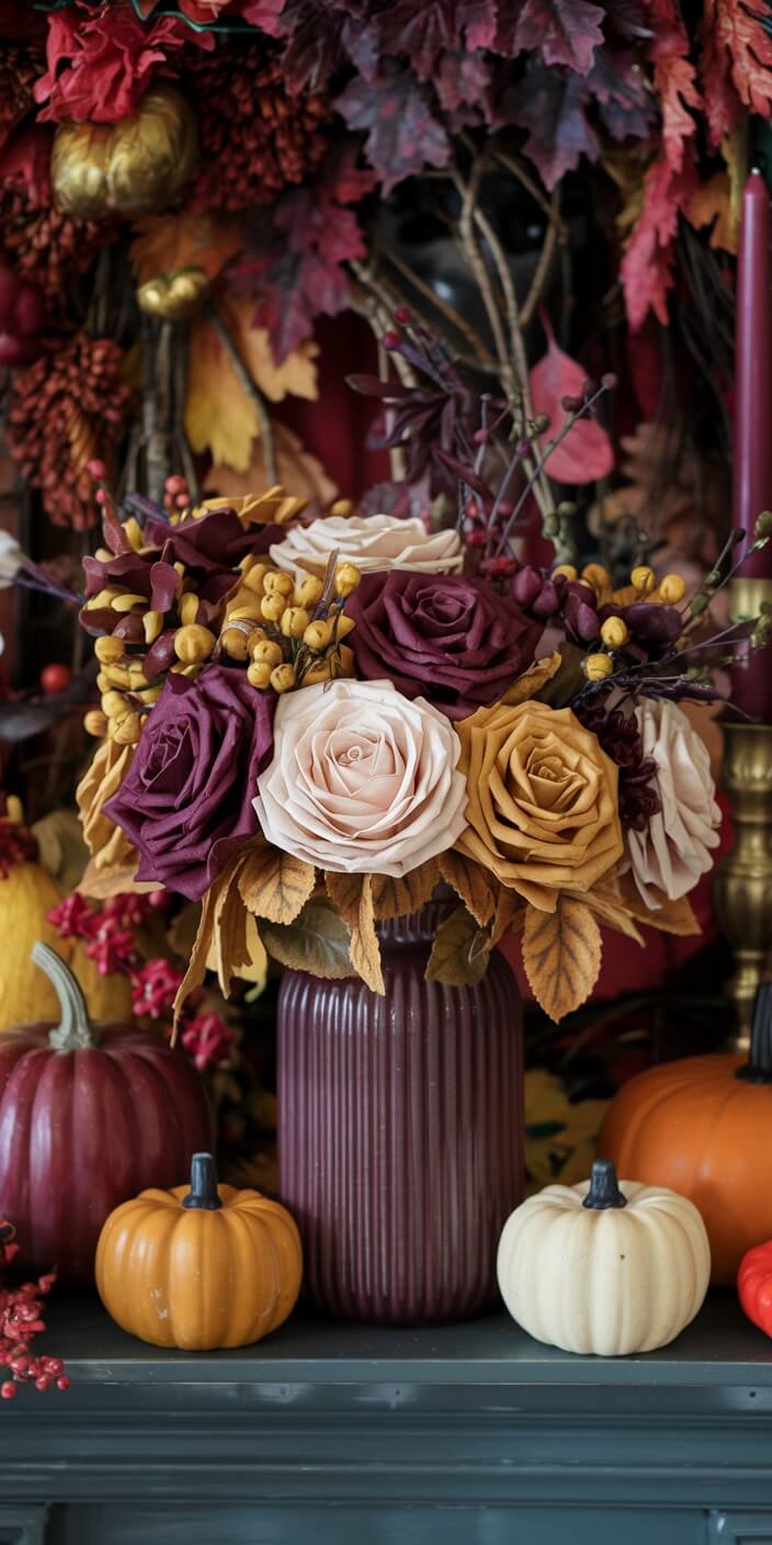A vibrant autumn arrangement features pumpkins, multicolored roses, and foliage in a ribbed vase, creating a festive seasonal display.
