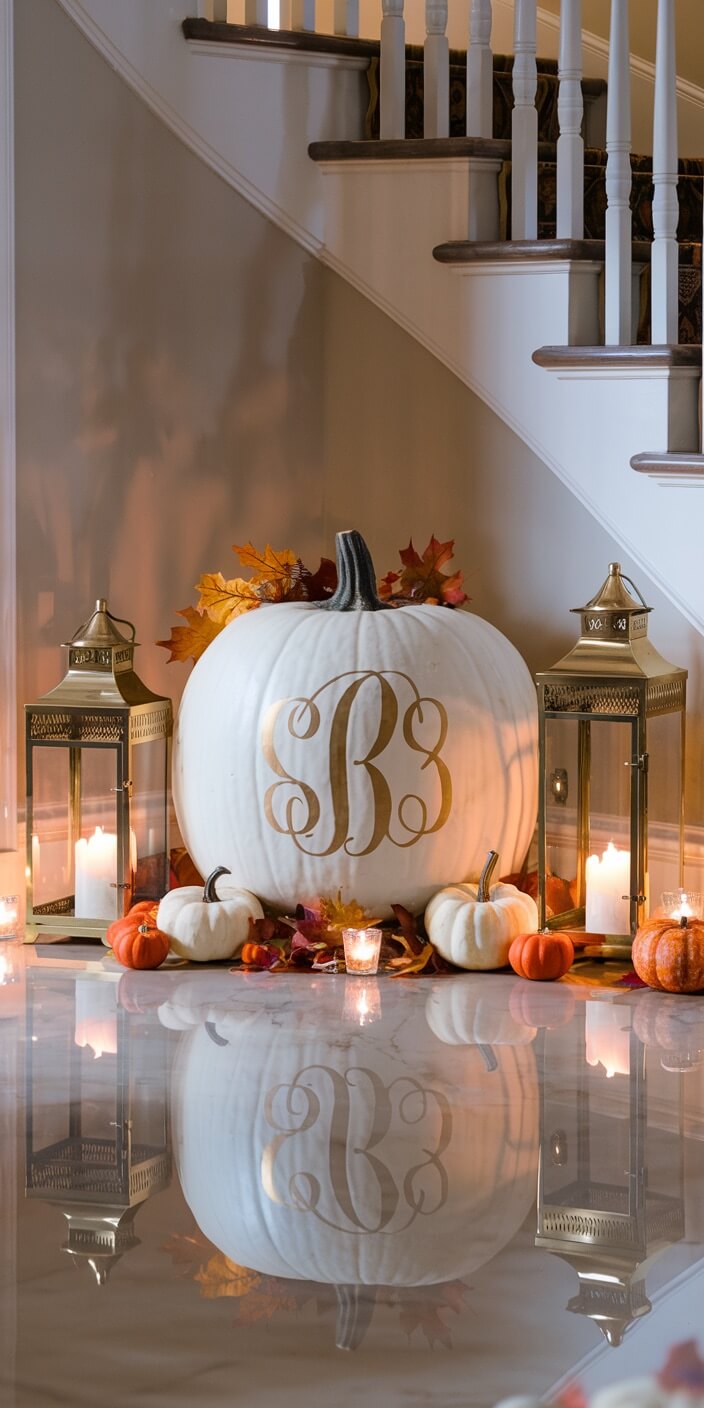 A monogrammed white pumpkin centerpiece adorned with autumn leaves, flanked by lanterns with candles, under staircase. Reflective surface enhances decoration.