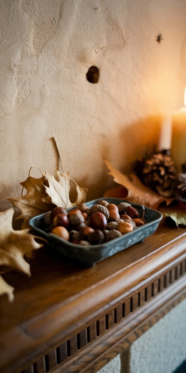 A rustic wooden shelf displays acorns, autumn leaves, and a lit candle, creating a cozy, warm fall ambiance in a dimly lit setting.