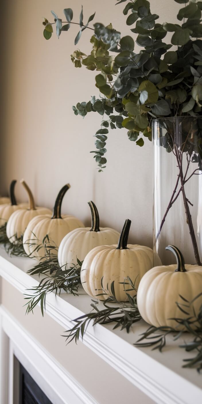 White pumpkins and greenery decorate a mantle with a large, elegant glass vase holding leafy branches. Neutral tones create a serene atmosphere.